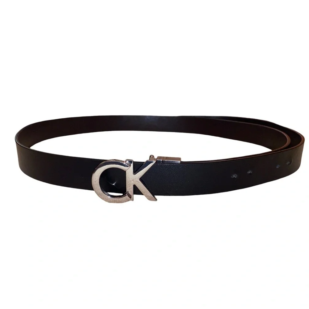 CK CALVIN KLEIN Faux Leather Monogram Logo Plaque Belt in BLACK & SILVER SZ 3X